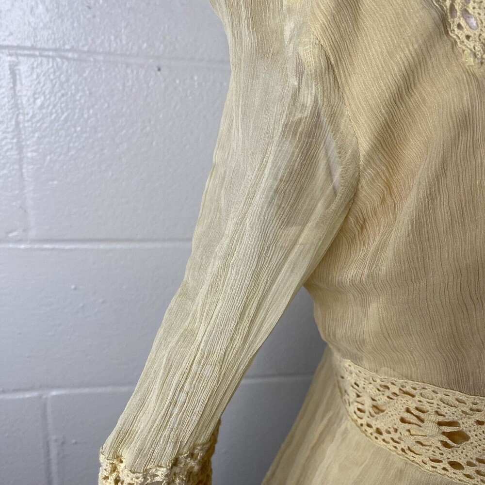 WILLI SMITH Women Silk Large Sheer Gold Yellow Long Sleeve Boho Top Crochet - Picture 4 of 7